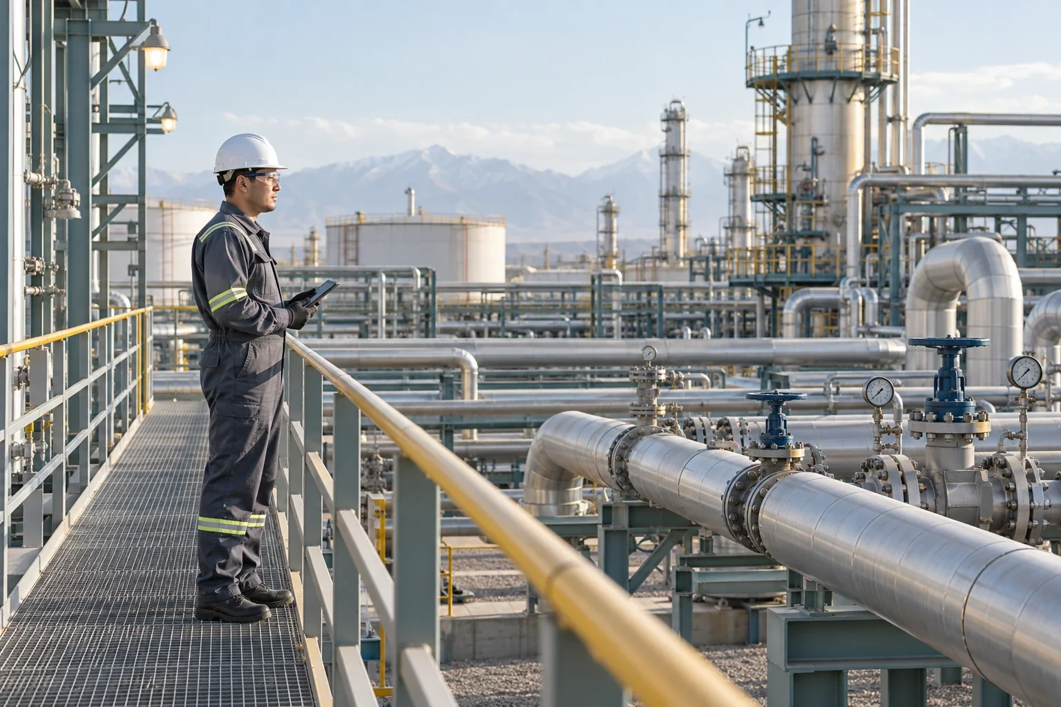 Қорғаныш киіміндегі инженер мұнай-газ объектісін қауіпсіз алаңнан тексеріп тұр